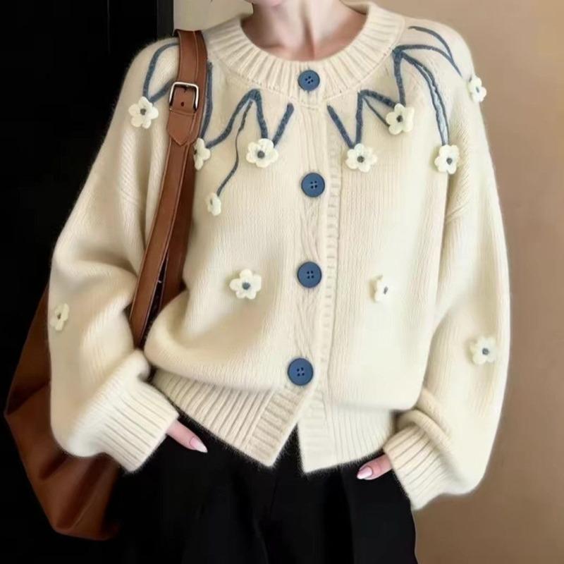 Damen Floral Cardigan Damen Rundhals Langarm Strickpullover Herbst Neue Version Locker Vielseitig Lässiges Oberteil