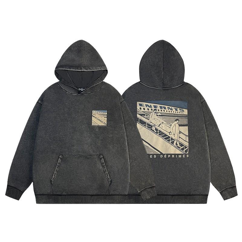 Mens Oversized Hooded Sweatshirt With Washed Distressed Look Cotton Heavyweight Long Sleeve Streetwear Cleanfit Style