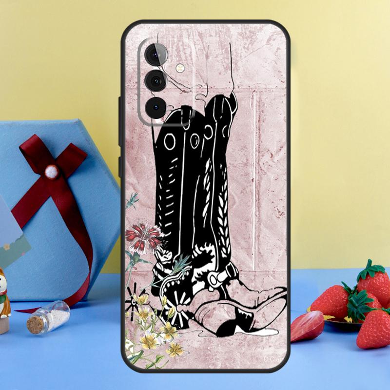Western Cowgirl Cowboy Boots Cowhide Case For Samsung Galaxy A54 A14 A34 A24 A53 A33 A13 A52 A32 A22 A12 A71 A51 A25 A15 Cover