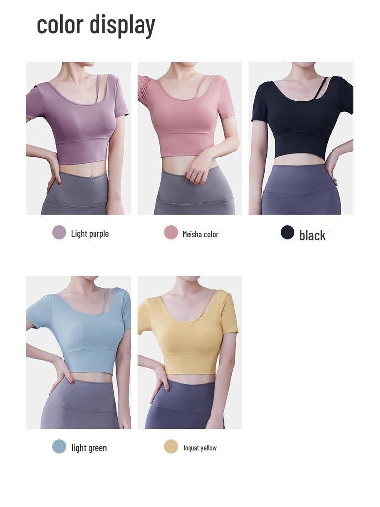 Summer Women's Quick-Dry Yoga Crop Top with Chest Pads - Short Sleeve Fitness Shirt