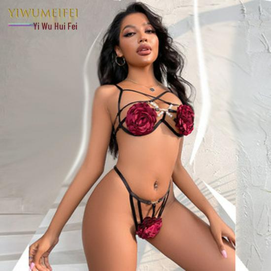 Passionate Rose Flower Lingerie Set: Hollow-Out Bra & Bikini Pajama
