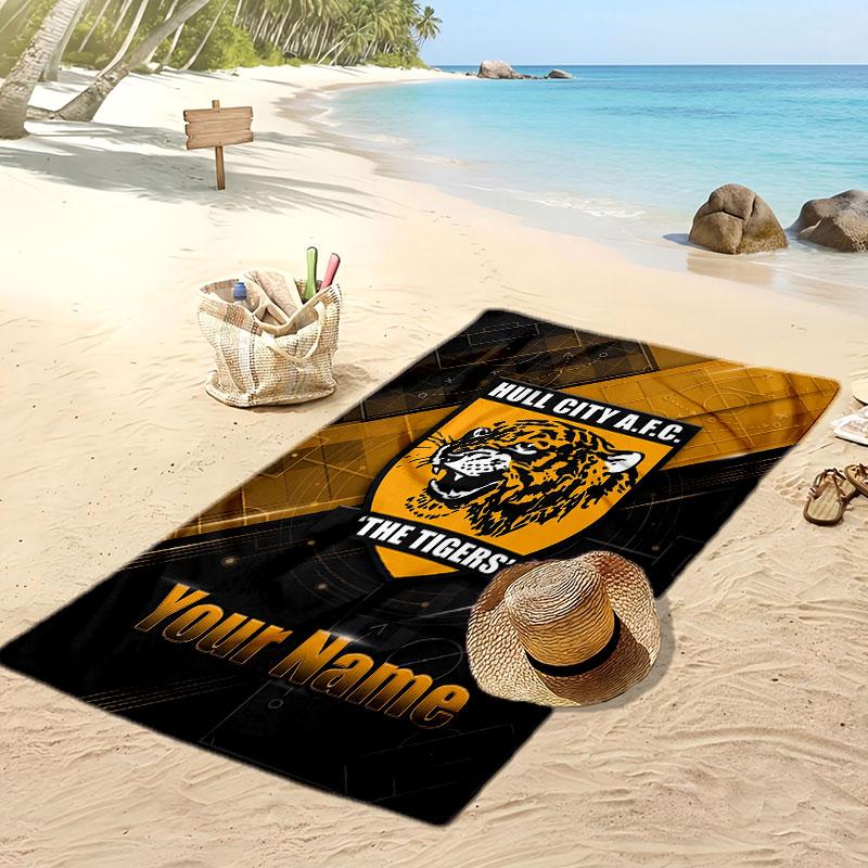 Asciugamano da Spiaggia Personalizzato Stampato Hull City Logo Calcio Supporto Nome Personalizzato Testo Asciugamano Assorbente Per Sport Viaggio Regalo Speciale