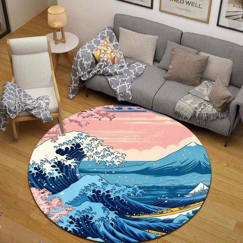 Serene Round Ocean Multicolor Area Rug, Non-Slip Floor Mat for Kitchen