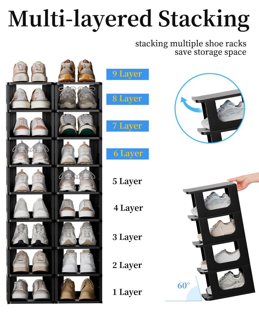 HAIXIN Slim Shoe Rack, Height Adjustable, 5 Tiers X 2, Space-Saving, Easy Assembly, Stackable, Compact Design (Approx. W48.6 X D26 X H58.3cm)