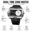 Men's Square Dual Time Watch with Leather Strap: Quartz Analog, Large Dial, Calendar, Business Use.