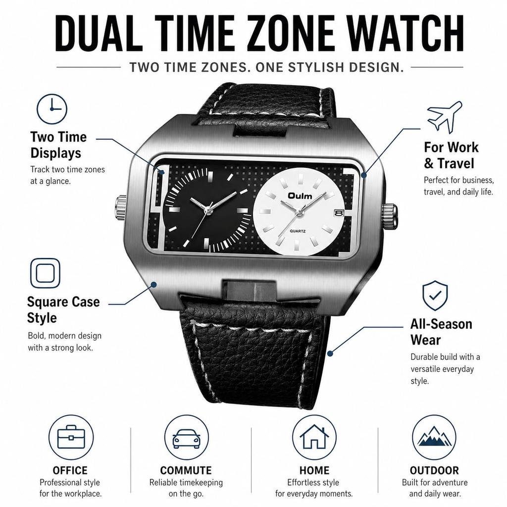 Men's Square Dual Time Watch with Leather Strap: Quartz Analog, Large Dial, Calendar, Business Use.