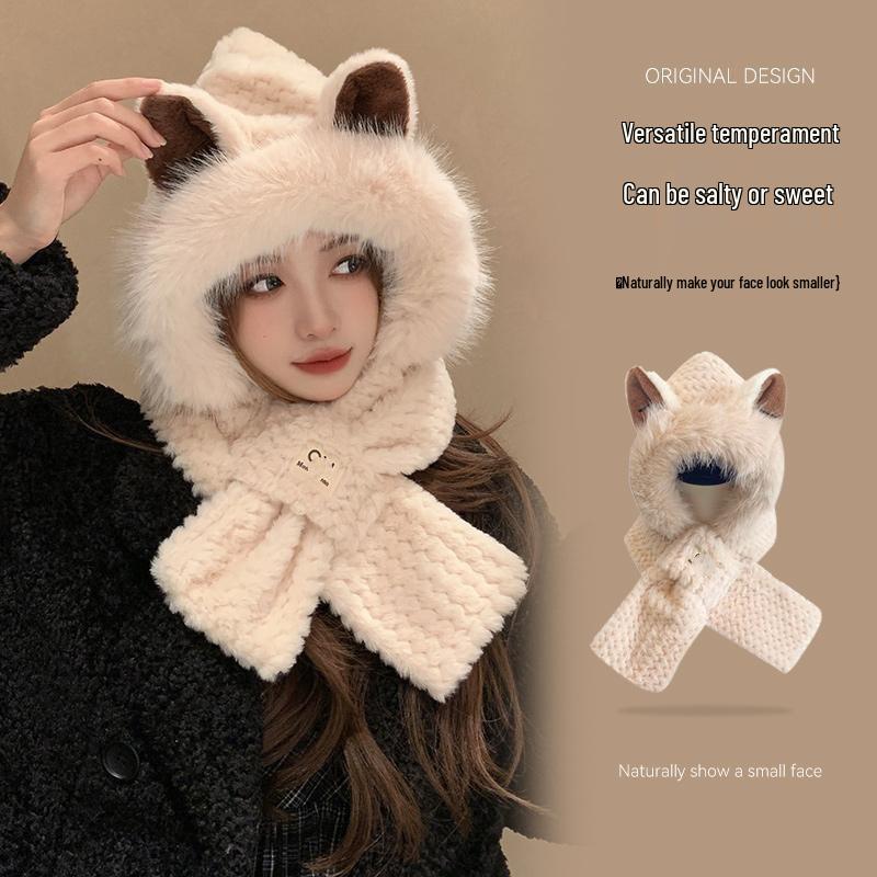Cute Fluffy Women's Hat & Scarf Set: Thick, Plush, Warm Cycling Hat with Ear Protection for Autumn and Winter