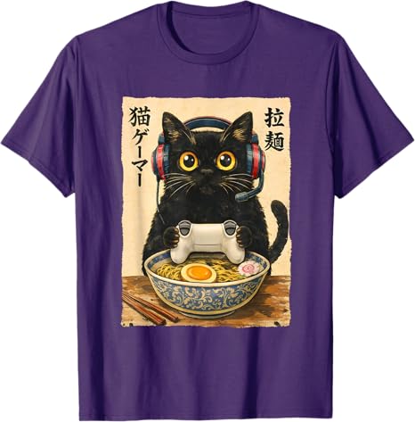 Funny Cat Gamer RaUnisex Graphic Japanese Kawaii Anime Gaming TShirt Y2k Kitten Eat Noodles Paly Video Game Unisexga Comic Clothes