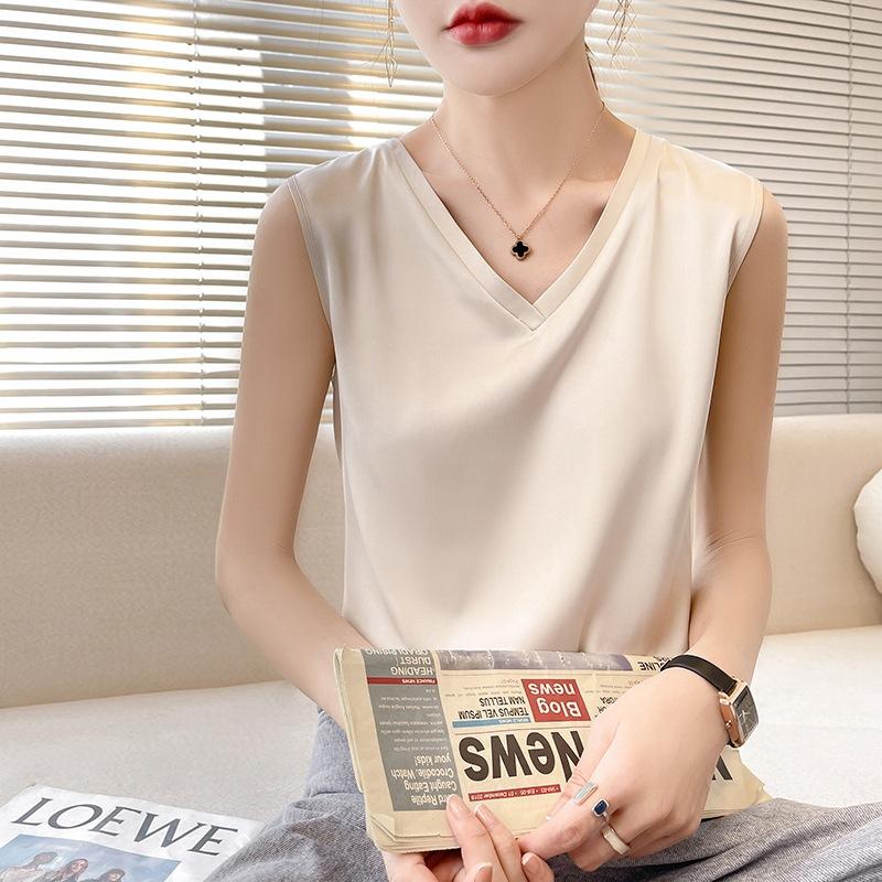 

VEZFAA Женская мода Повседневный однотонный принт Лето Весна Без рукавов V-образный вырез Блузки и рубашки XL шампанского