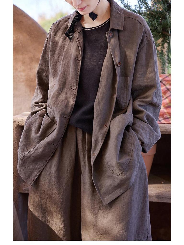 Spring Summer Retro Women's Tea Brown Linen Plus Size Slimming Loose Lapel Shirt Outerwear