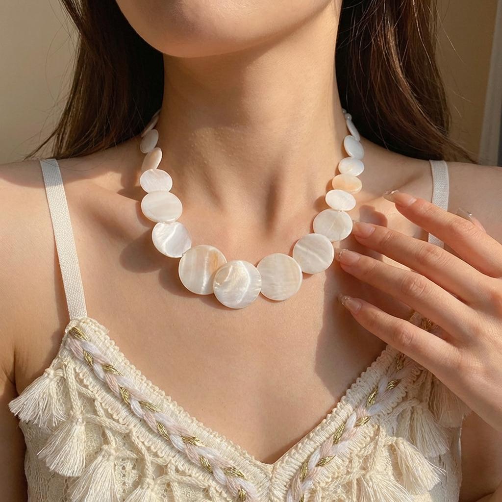 

Vintage Round White Shell Choker Necklace for Women Bohemian Geometry Splicing Collarbone Chains Girl Daily Versatile Jewelry