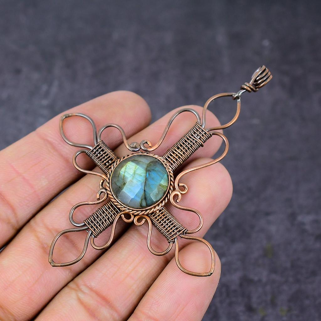 Labradorite Gemstone Handmade Copper Wire Wrap Cross Jewelry Pendant 3.15" H8n74