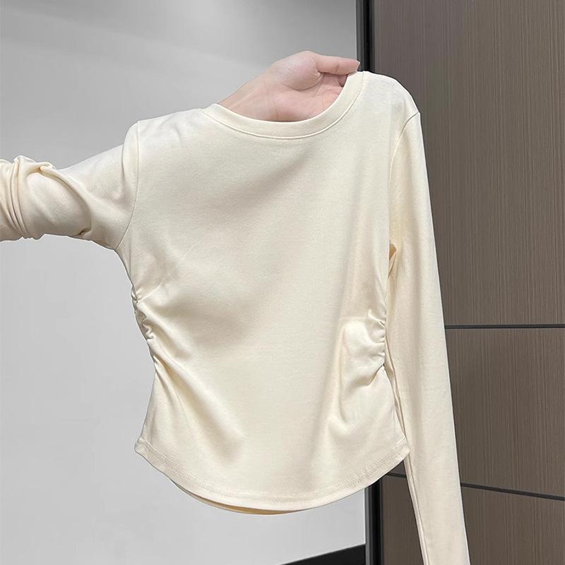 Round Neck Structured Shoulder Long Sleeve Tee Women Early Autumn Curved Hem Ruffle Waist Slim Base Layer Top