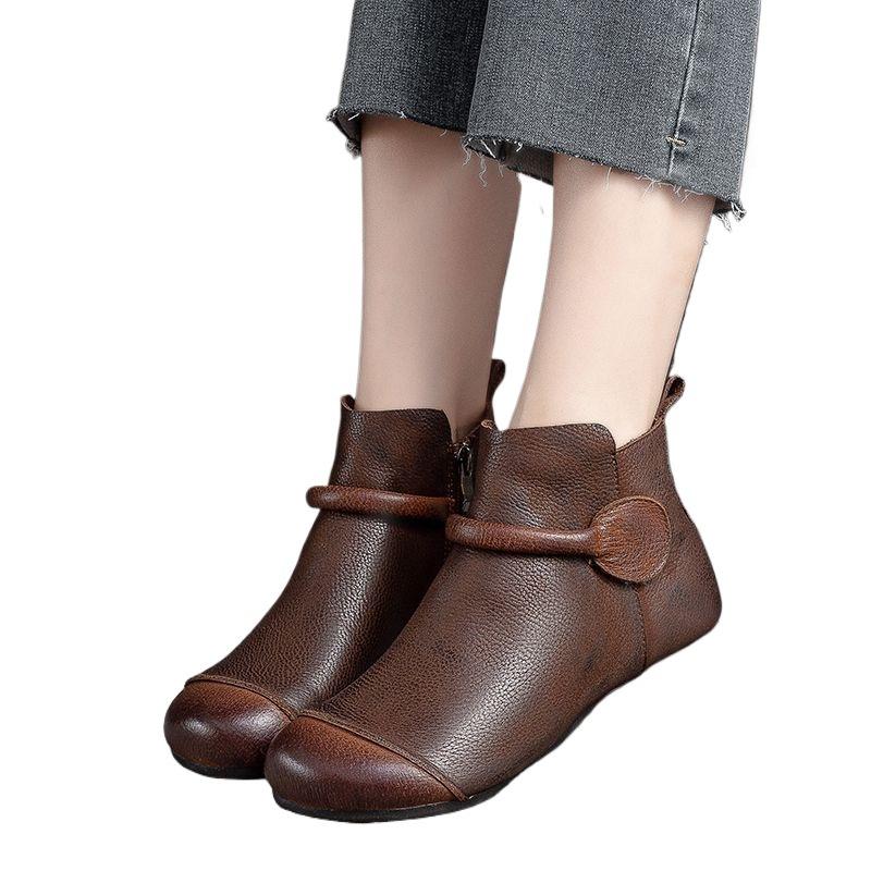 Autumn and Winter New Real Soft Leather Retro Style Female Mother Shoes Beef Tendon Soft Sole Round Head Versatile Short Boots Handmade Single Boots