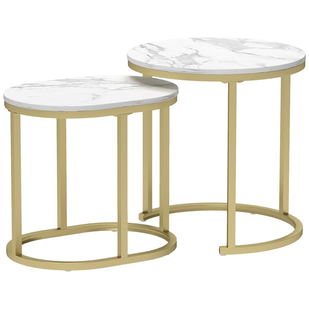 Tischset mit Stahlrahmen und Tischplatte aus Kunstmarmor, Modernes Kaffeetisch-Set aus 2 Teilen, Goldfarben/Weiß