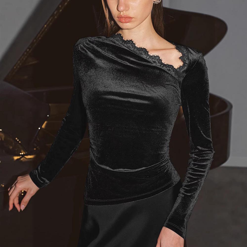 2026 Spring European Style Women s Elegant Lace Diagonal Collar Slim Fit Top Medium чёрный