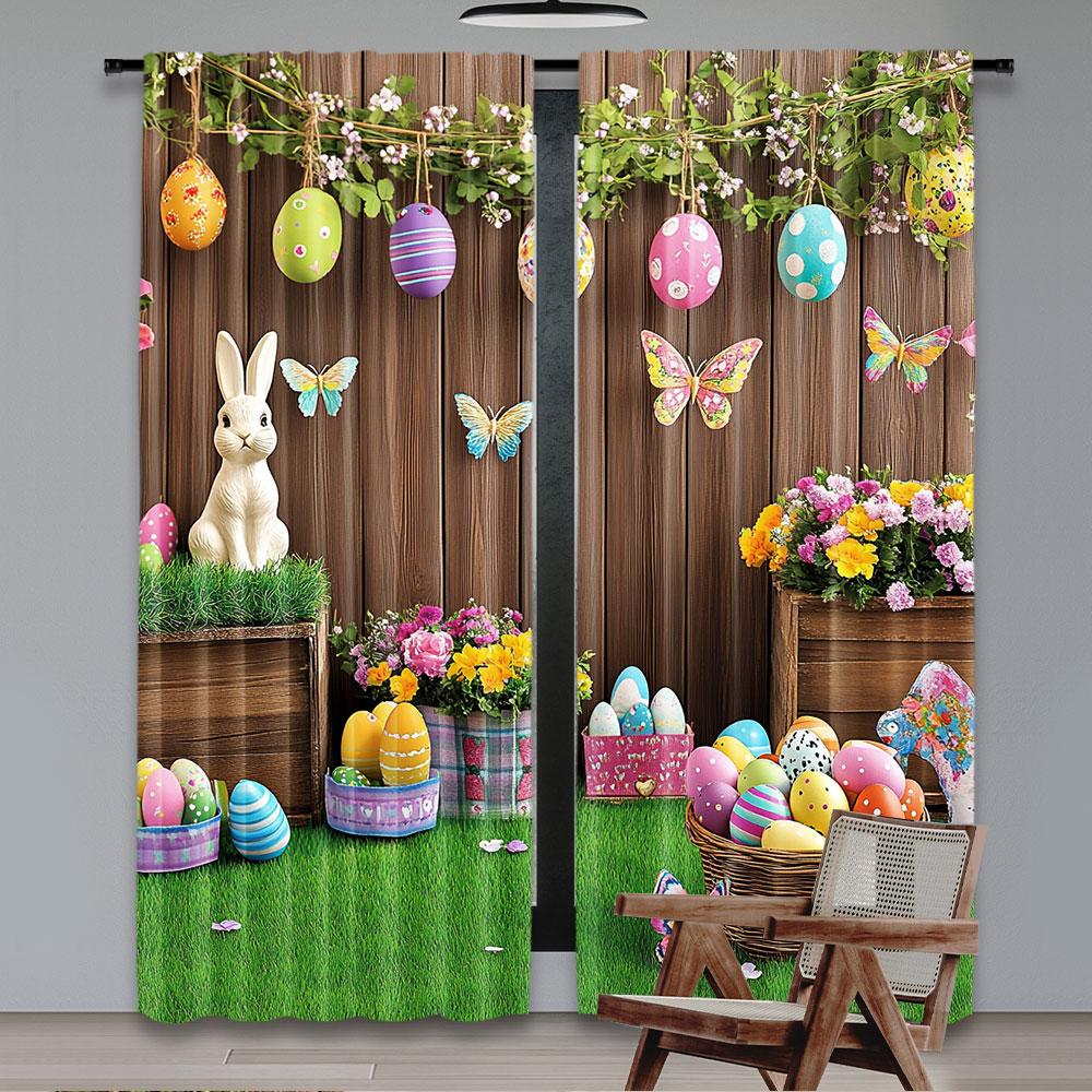 Set Of 2 Rustic Spring Easter Day Curtain Egg Rabbit Flower Butterfly Window Drapes Party Decoration Made Polyester