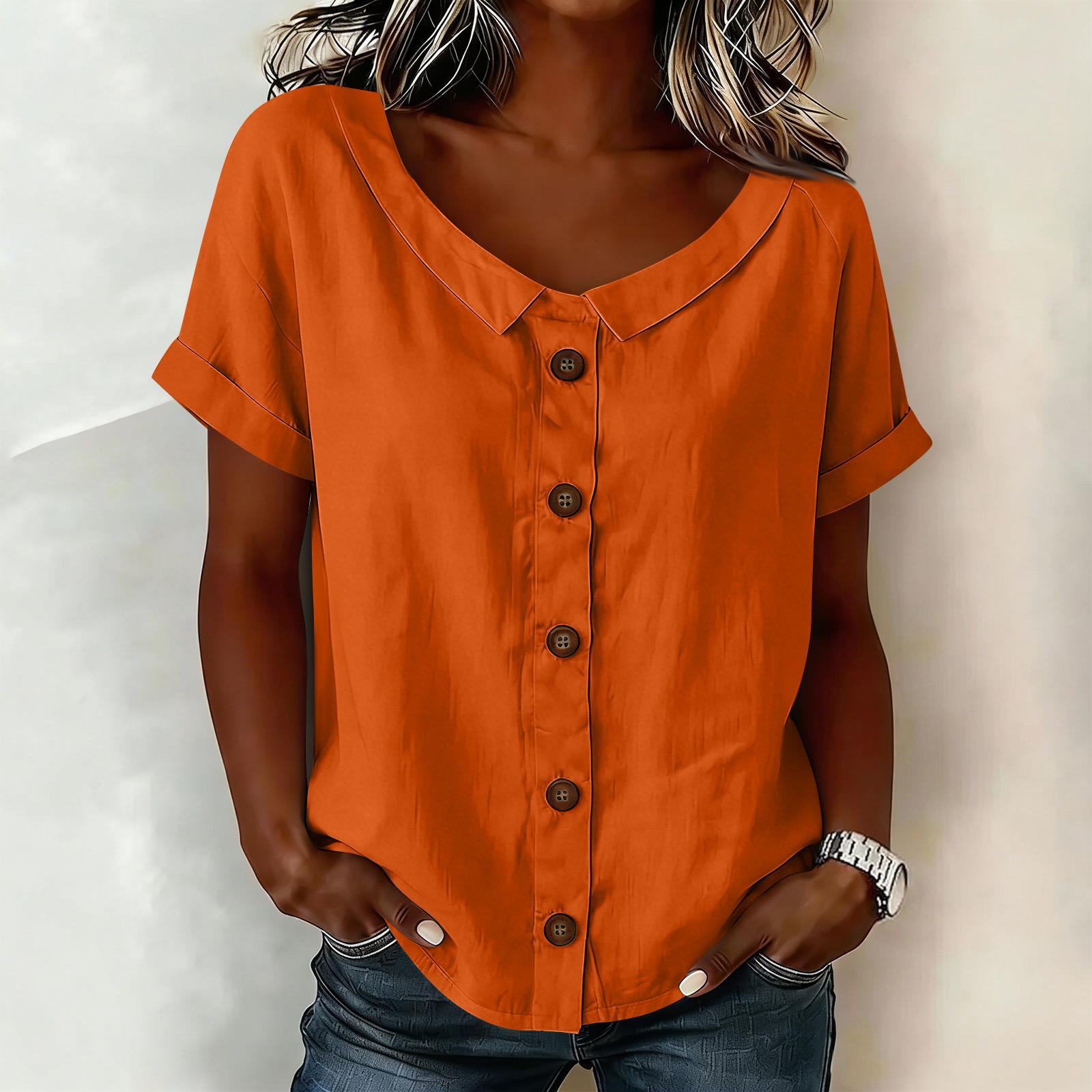 

Women s Short-Sleeve Top: Cotton-Linen Blend, V-Neck, Loose Fit L помаранчевий