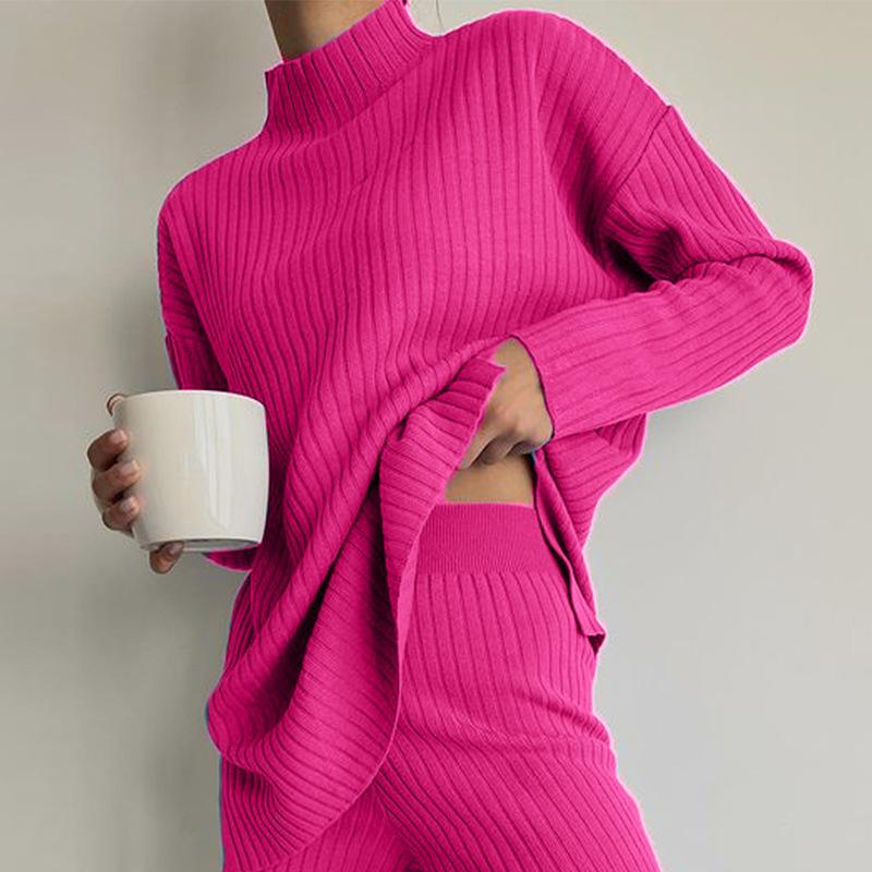 Completo Maglia a Maniche Lunghe Tinta Unita con Collo Mezzo Alto da Donna Completo Due Pezzi