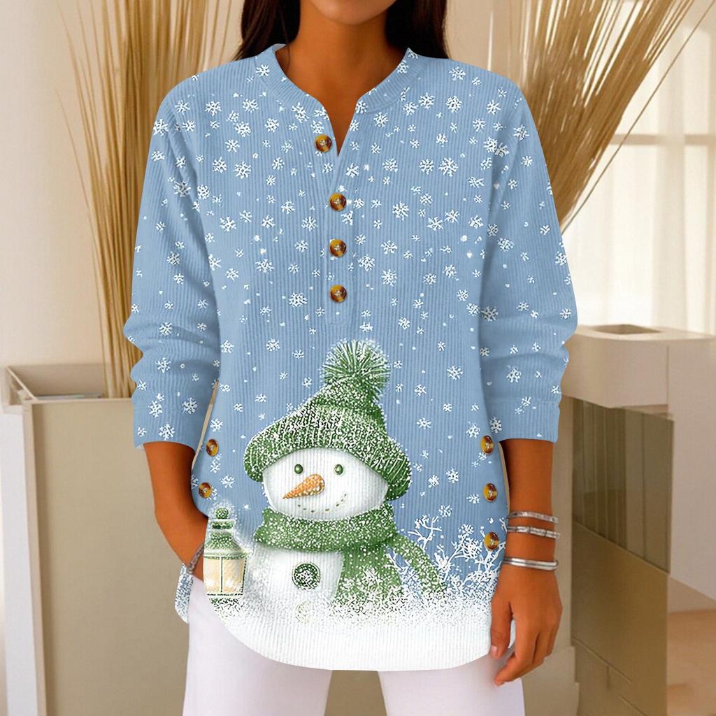 Women's Fashionable Button Collar Long-sleeved Christmas Print Pullover Top