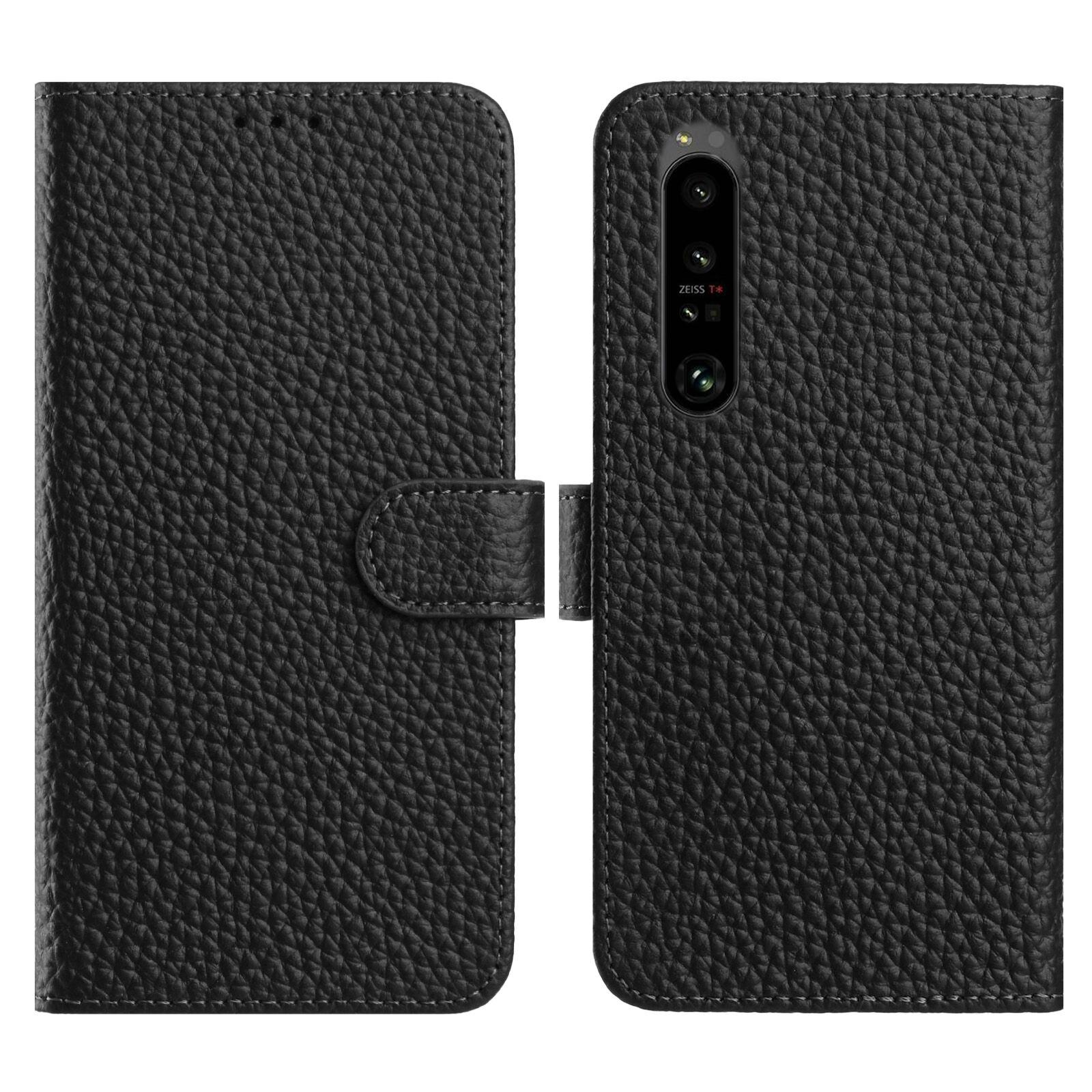 

For Sony Xperia 1 IV 5G Case Wallet Stand Litchi Texture Genuine Cow Leather Flip Phone Cover Black
