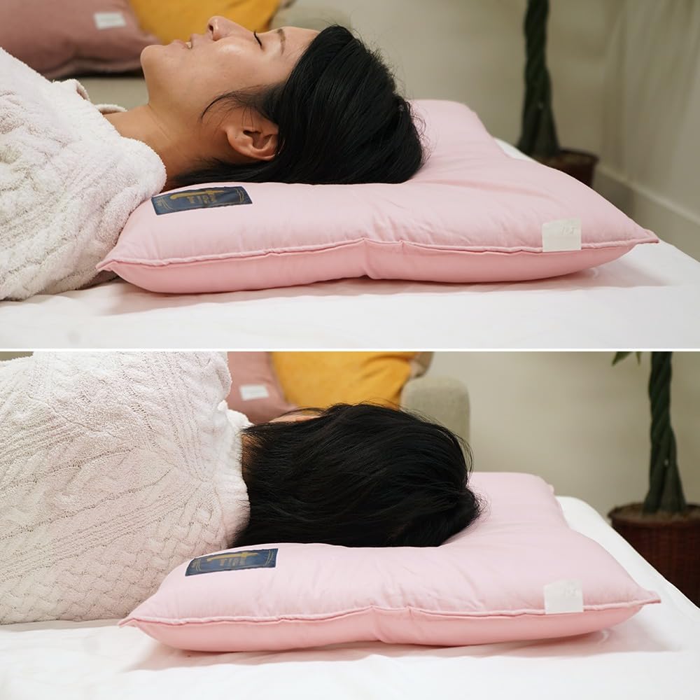 Ee Futonya Women's Low Pillow, 5.5cm High, Tourmaline-Treated Cotton Fill, 43x63cm, Firm Concave Design, Cervical Spine Stabilization and Relaxation