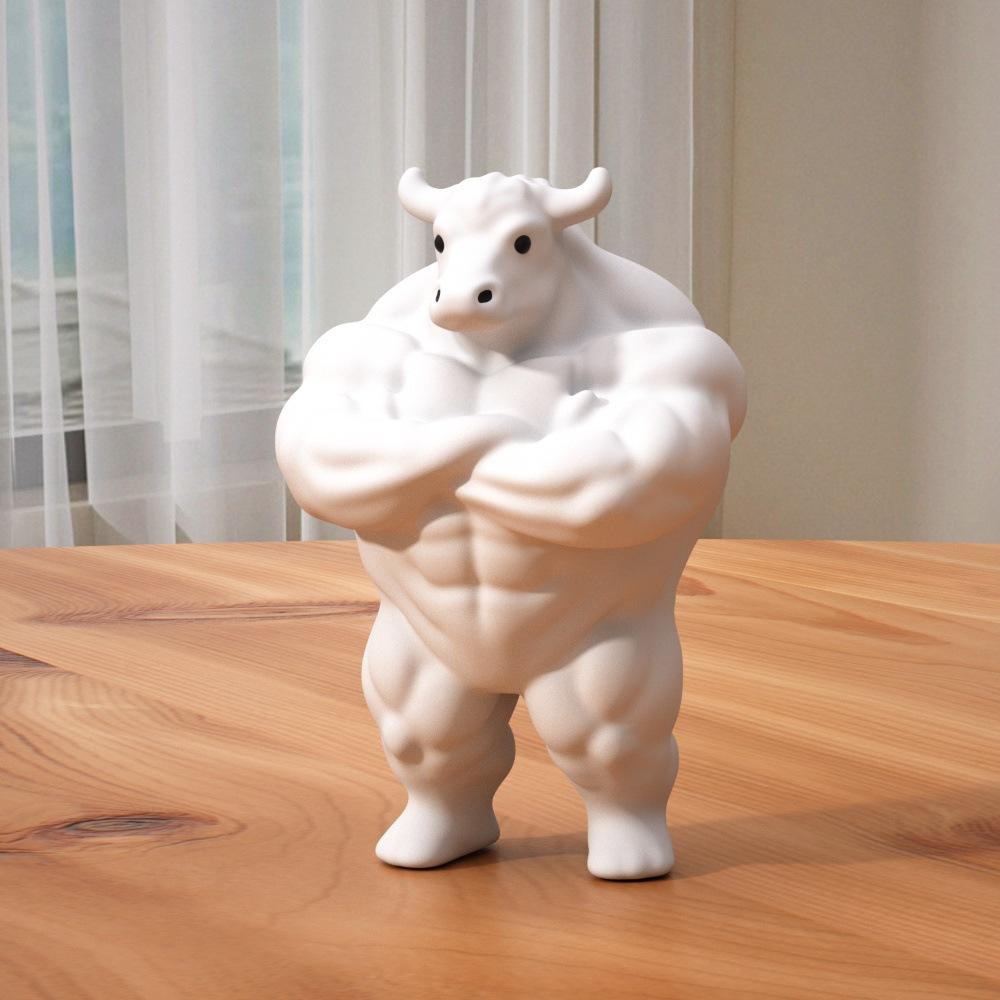 Creative Muscular Bull Sculpture with Crossed Arms, Whimsical Statue Home Office Desk Decor