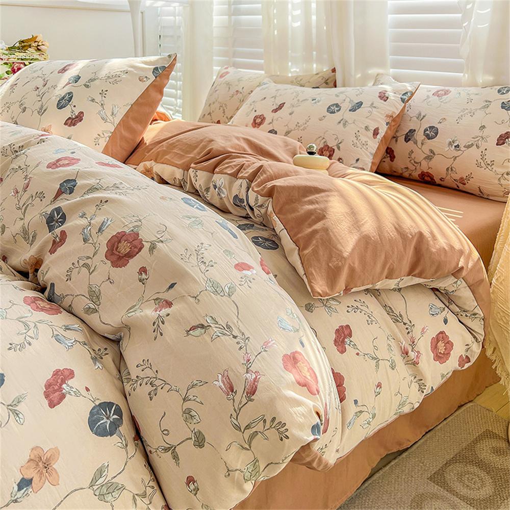 Four-piece Bedding Set Simple Duvet Cover Plant Flower Bed Sheet Adults and Kids Washed Cotton Pillowcase Home Textiles
