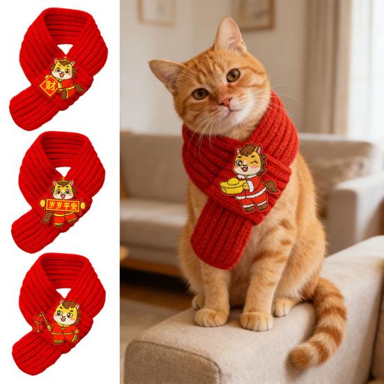 Červený pletený šátek s kočkou Rok koně Šátek pro psa Čínský nový rok Šátek pro mazlíčky Kočky a malí psi Slavnostní doplněk kostýmu