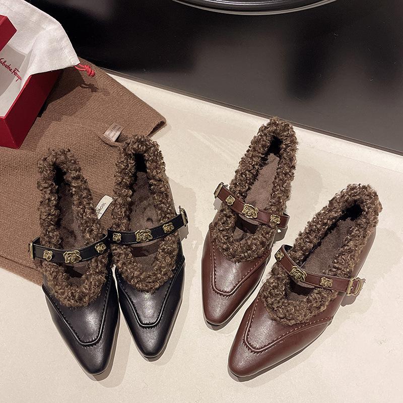 Women's shoes with fleece to keep warm Mary Jane women's shoes inner height increase single shoes women's 2025 autumn and winter new flat shoes fluffy