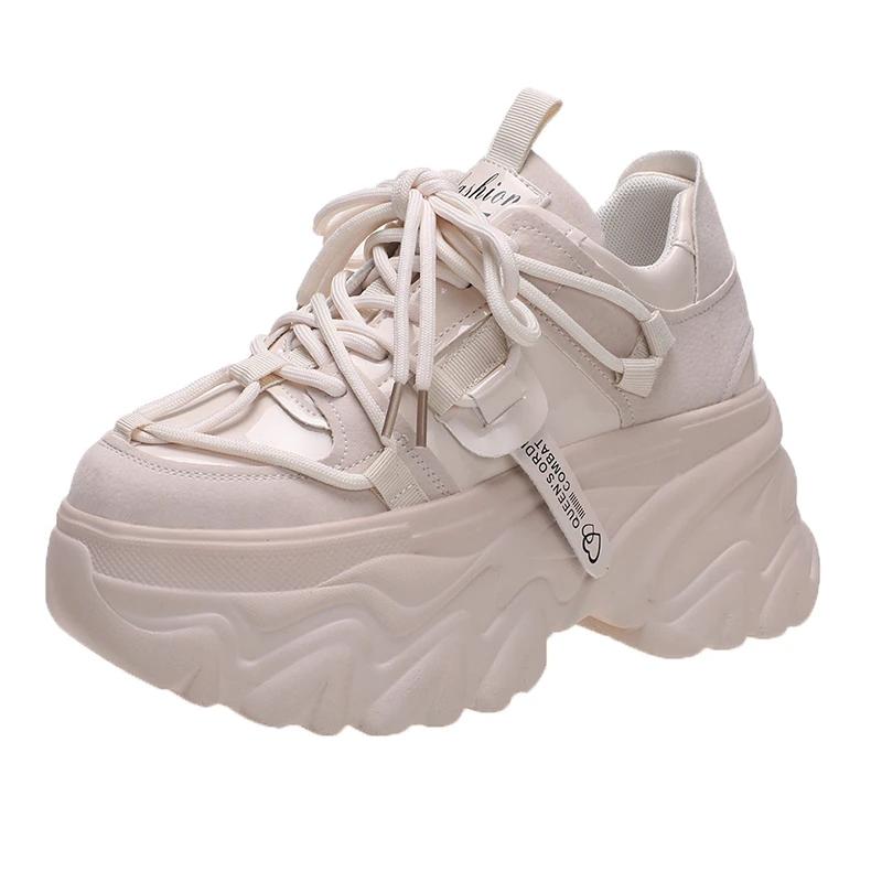 Fashion New Women Platform Sneakers Spring Autumn 8cm Chunky High Heels Bling Red Ladies Wedges Casual Dad Shoes Leather Sports Sneakers