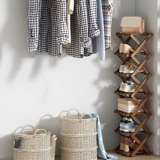 Mehrstöckiges schuhfreies Schuhregal, faltbar, schmal, Bambus-Schuhregal, platzsparend, Eck-Schuhorganizer für Eingangsbereich, Schrank, Wohnheim