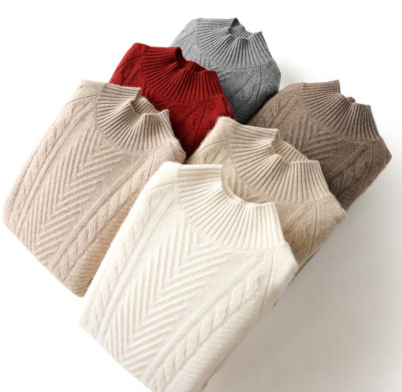 Women's Thickened Cashmere Sweater - Autumn/Winter, Half-High Neck, Twist Pattern Pullover, Casual Fashion.