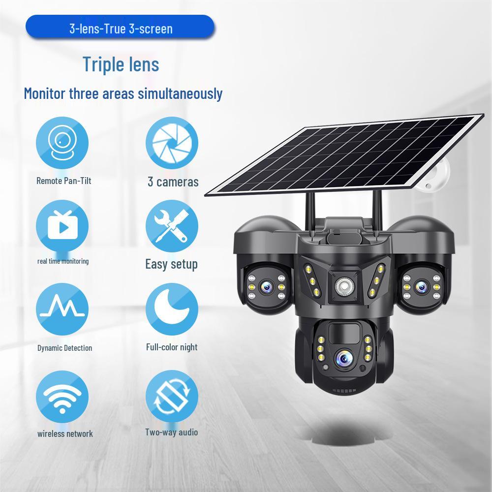 Triple-Screen 360° Wireless Solar Surveillance Camera with Tri-Lens Integration.