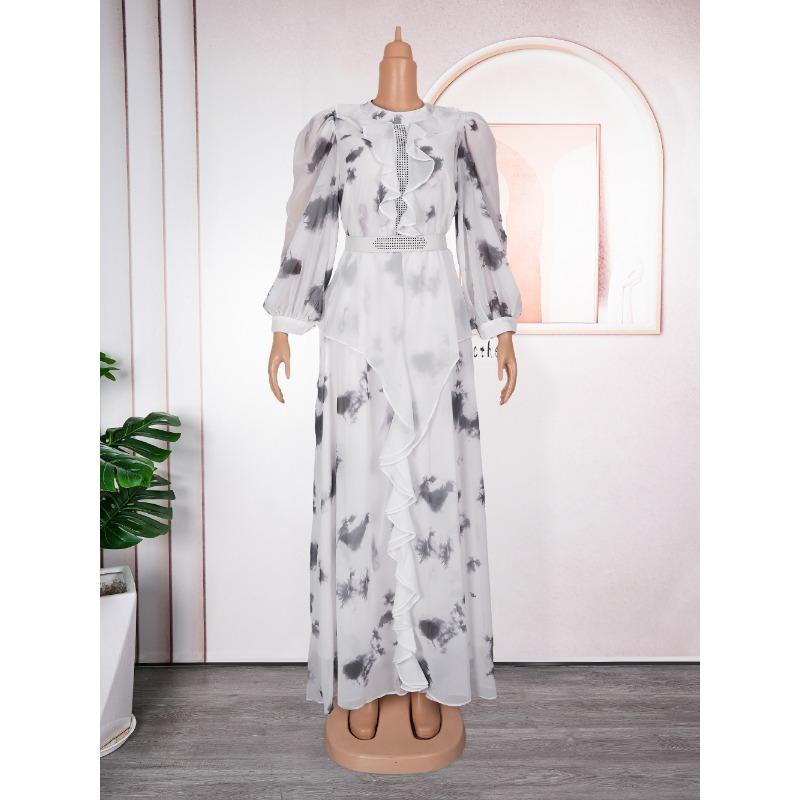 New Vintage Ruffled Print Long Dress for Plus Size Women
