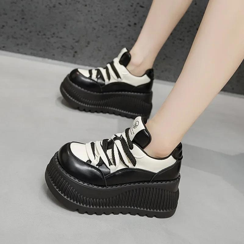 Fashion 9CM NEW Microfiber Leather Vulcanize Summer High Brand Comfy PUNK 2024 Spring Autumn Platform Women Chunky Sneaker Loafer Shoes