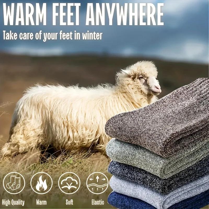 3/5 Pairs Men'S Warm Socks, Thick Towel Mid-Calf Socks, Anti-Cold Snow Boots Socks Elastic Solid Color