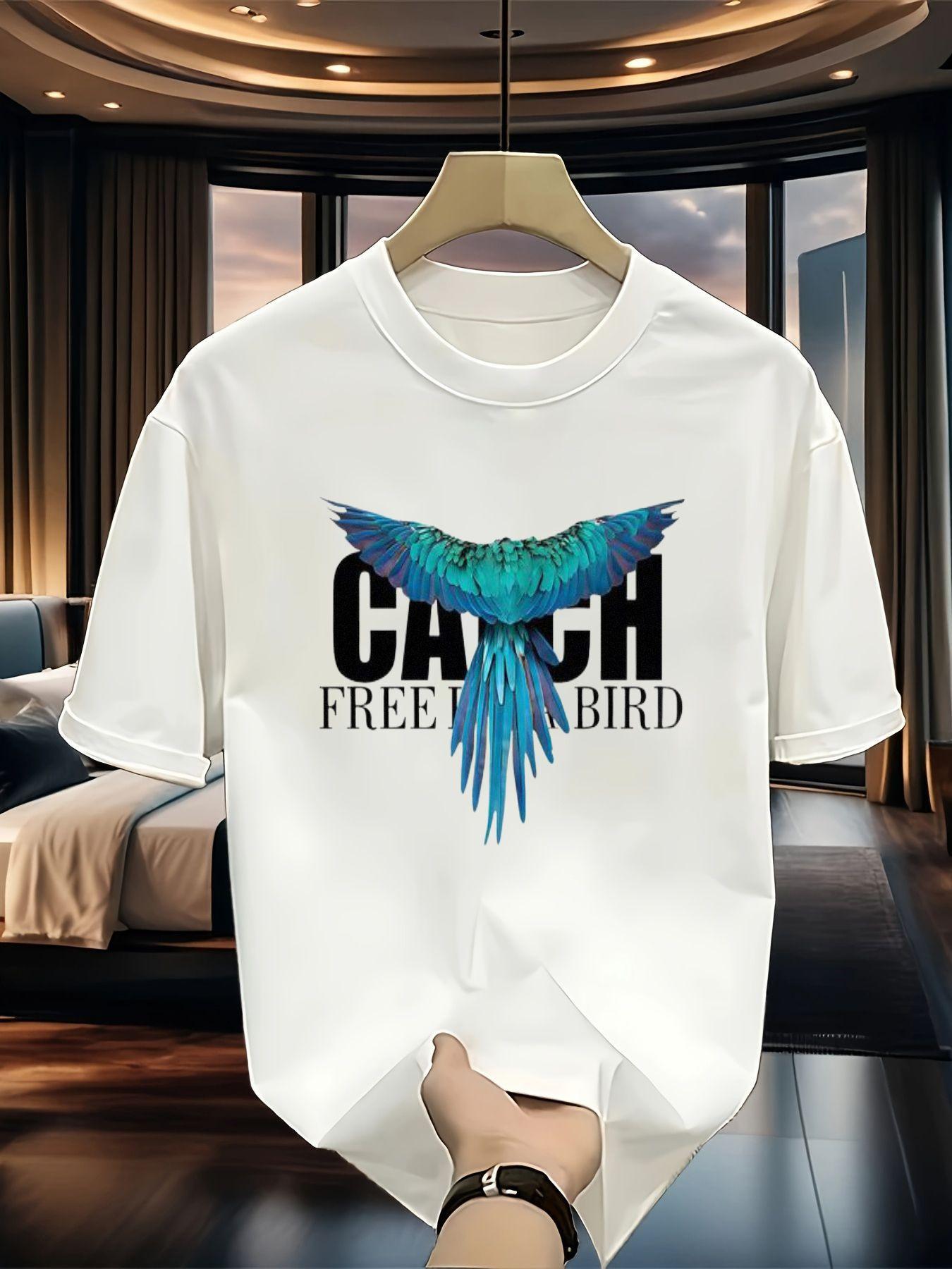 

s Catch The Free Bird T-Shirt - White & Turquoise Blue Parrot Print Short Sleeve Tee, Breathable 100% Cotton Casual Shirt with Catch Free Bird Slog 5XL різнокольоровий