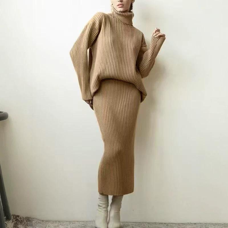European and American Style Turtleneck Sweater Set Women's Loose Thermal Cover Head Pit Strip Skirt Sweater Two-piece Set Popular