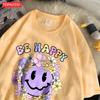 Street Cotton Womans T-Shirts Be Happy Face Cartoons Printing Short Sleeve O-Neck Breathable Loose Tops Trend Female Clothes