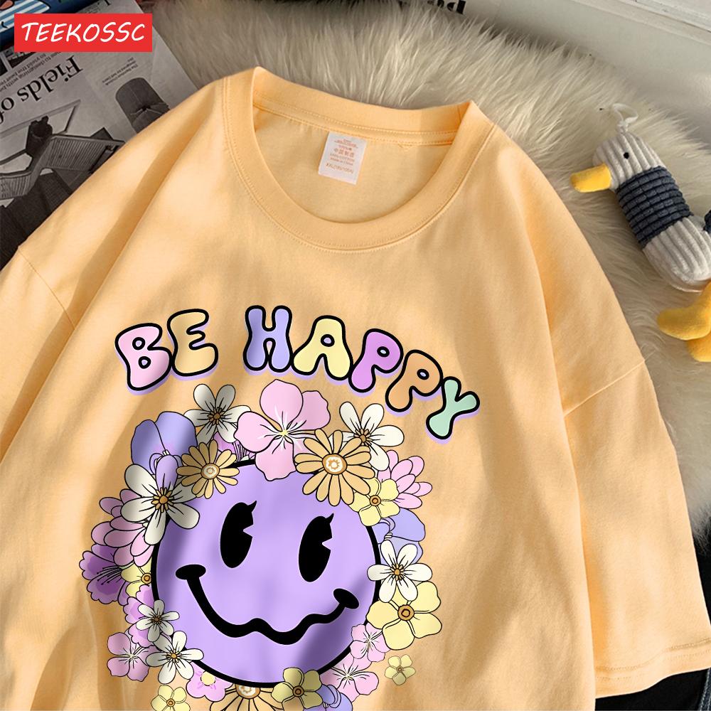 Street Cotton Womans T-Shirts Be Happy Face Cartoons Printing Short Sleeve O-Neck Breathable Loose Tops Trend Female Clothes