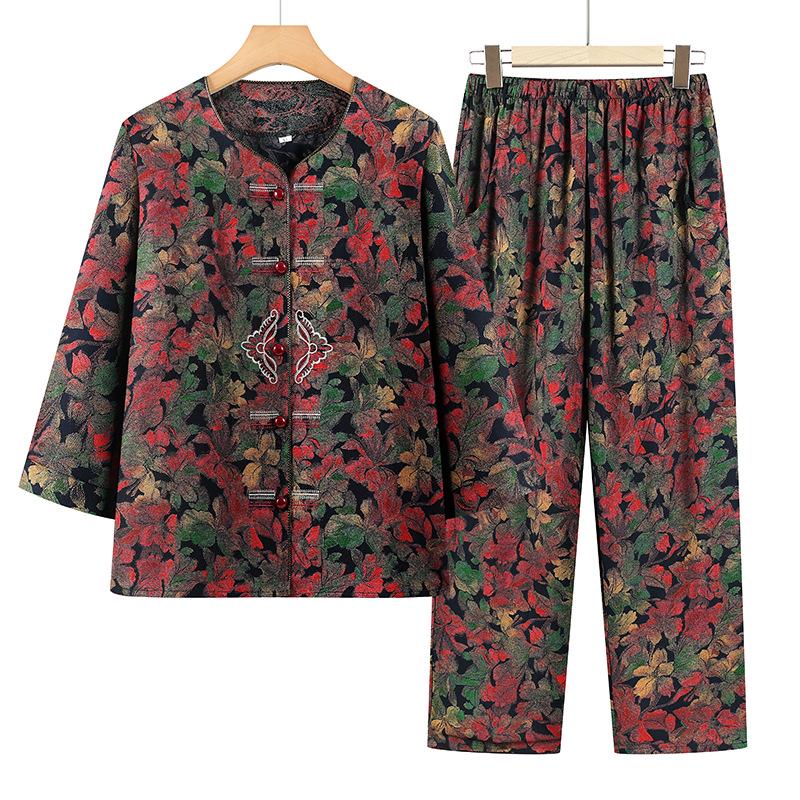 

Floral Print Mid-Sleeve Summer Shirt Set for Women - Stylish Outfit for Middle-Aged and Elderly Ladies 3XL (recommended for 57.5-65 kg) червоний
