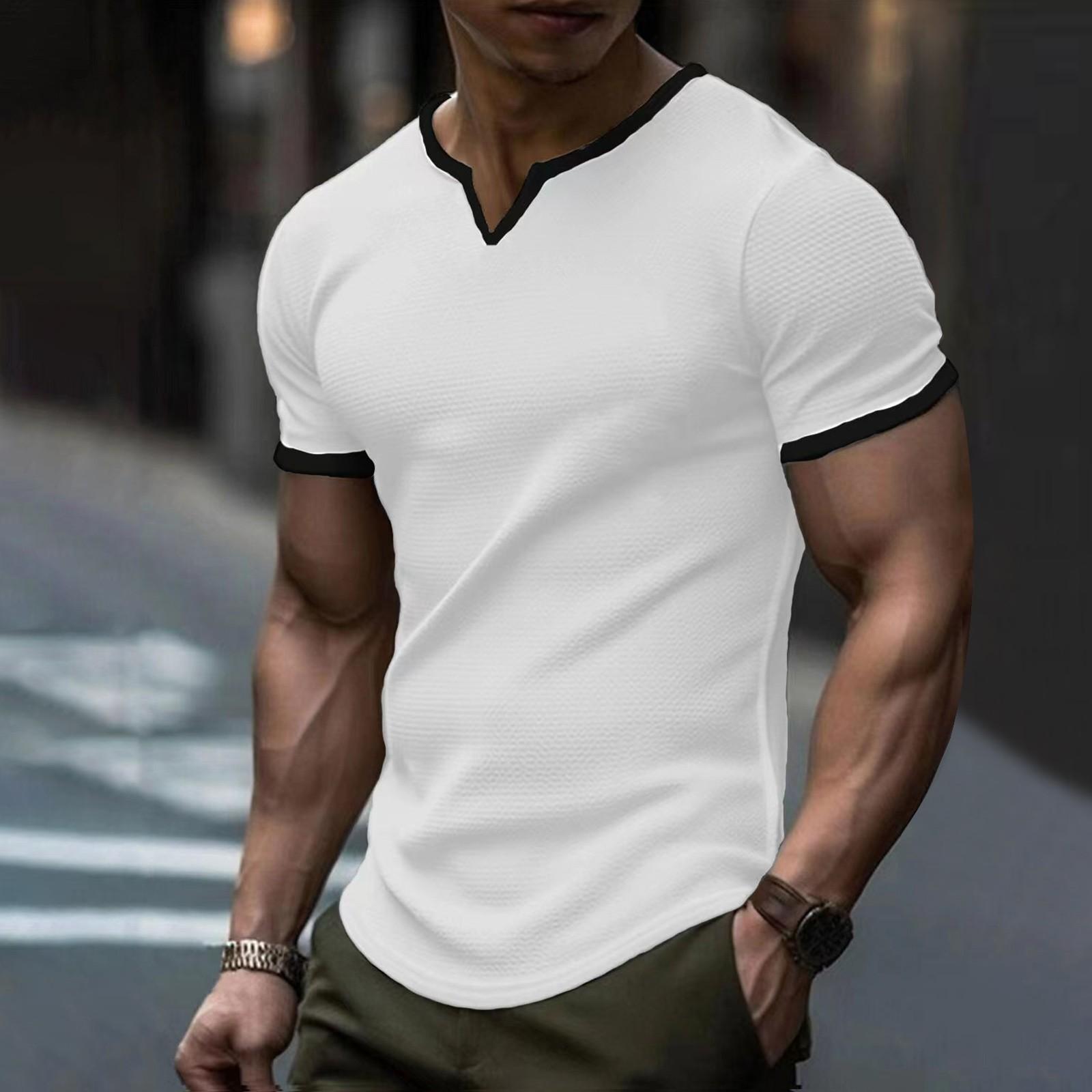 

Чоловіча літня модна спортивна повсякденна футболка з короткими рукавами, суцільна кольорова футболка з V-подібним вирізом XL білий