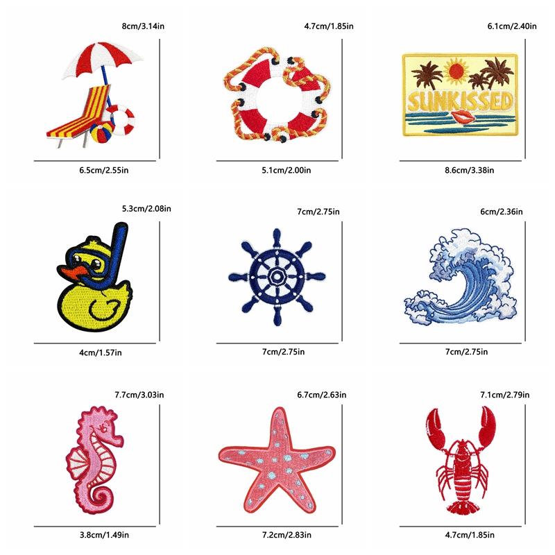 10pcs /Lots Cartoon Summer Surf Style Embroidered Fruit Drinks Patch Iron On Patches For Clothing Lobster Turtle Starfish Sew Diy