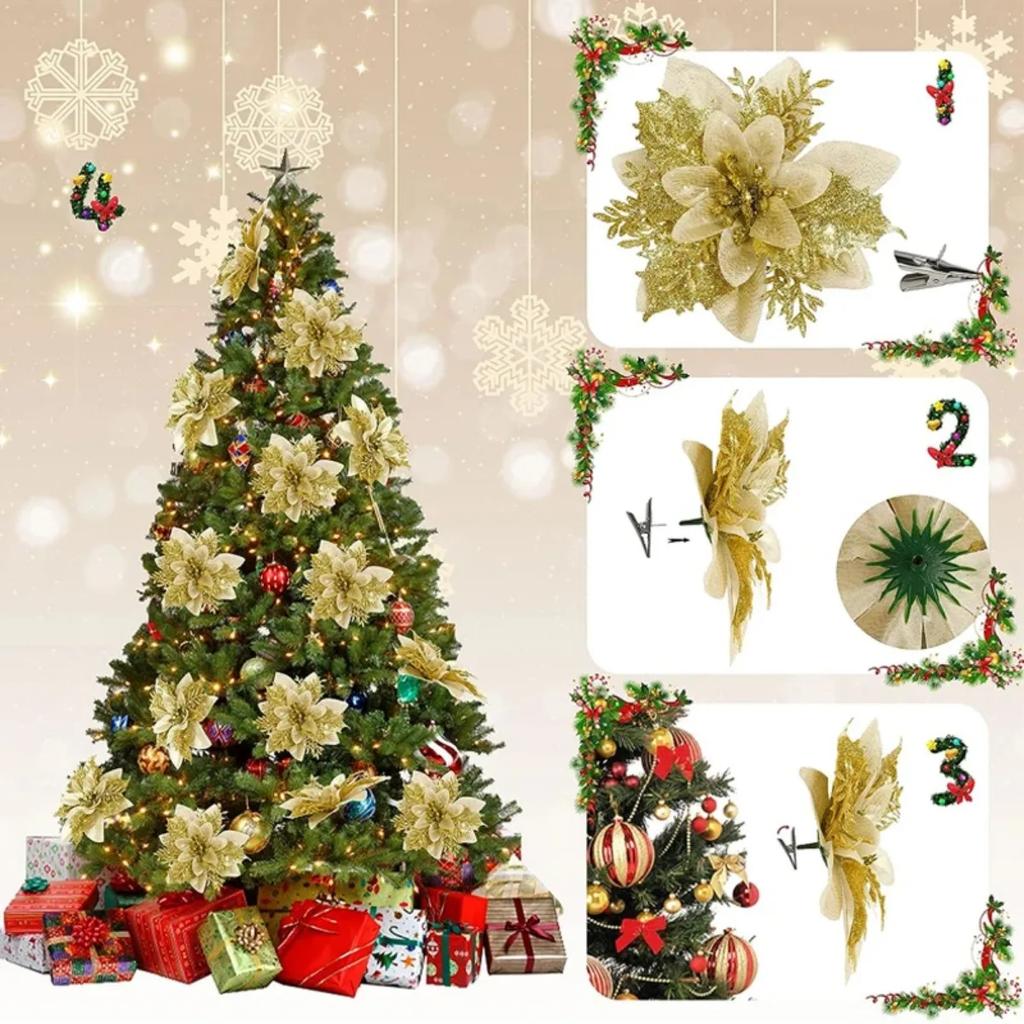 10/1pcs 15cm Glitter Christmas Flowers Artificial Poinsettia Flower Head Xmas Tree Ornament Home Decoration Navidad New Year