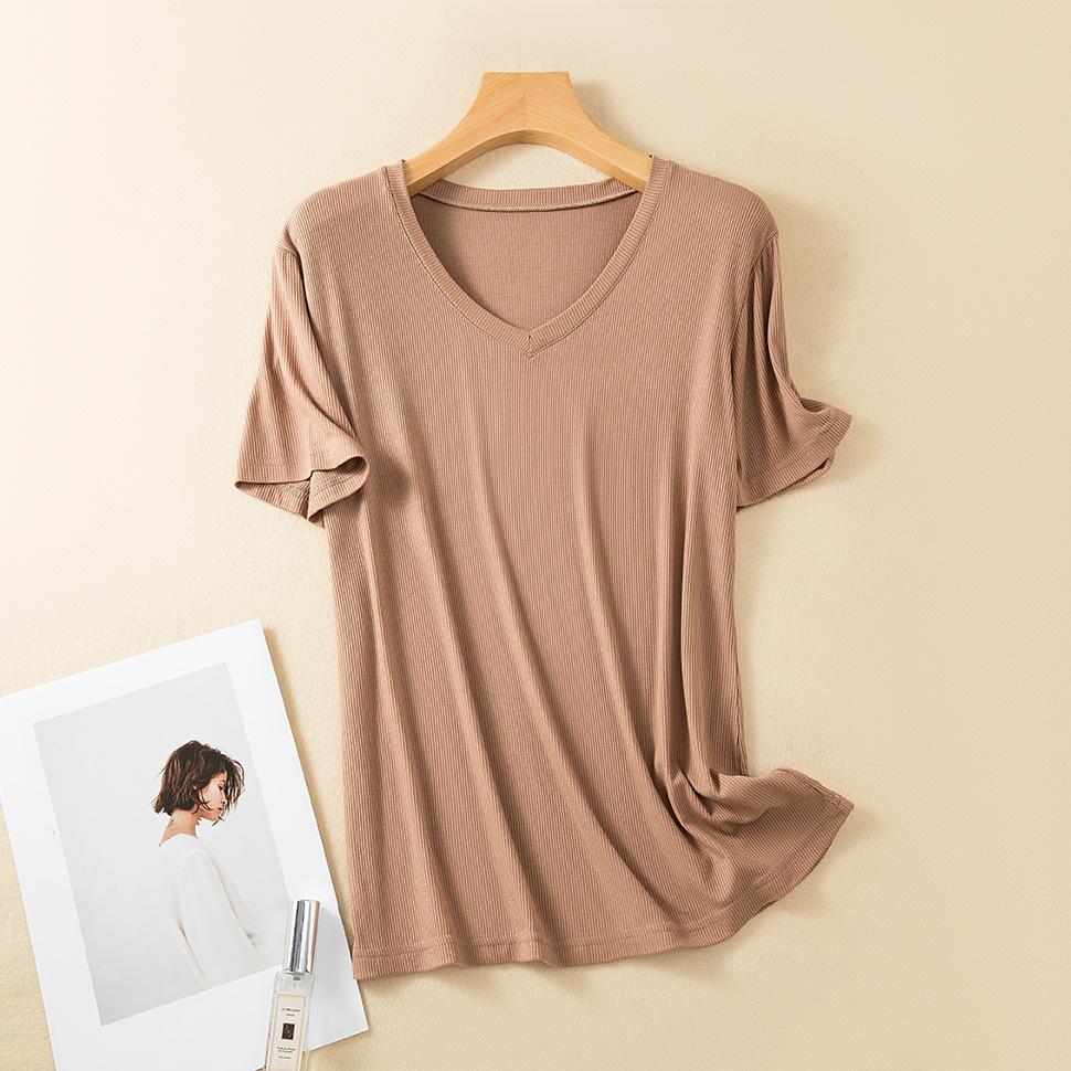 Rib Cotton V Neck T-shirt Short Sleeves Summer Women's Casual T-shirts Loose Tee Tops Solid Color Basic TShirt Tees