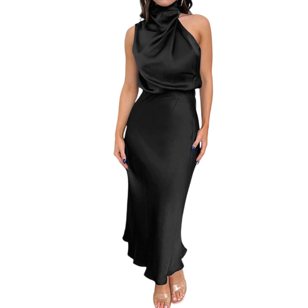 Women Sleeveless Mock Neck Cocktail Dresses Keyhole Elastic Waist Party Wedding Guest Satin High Split Mid Dress