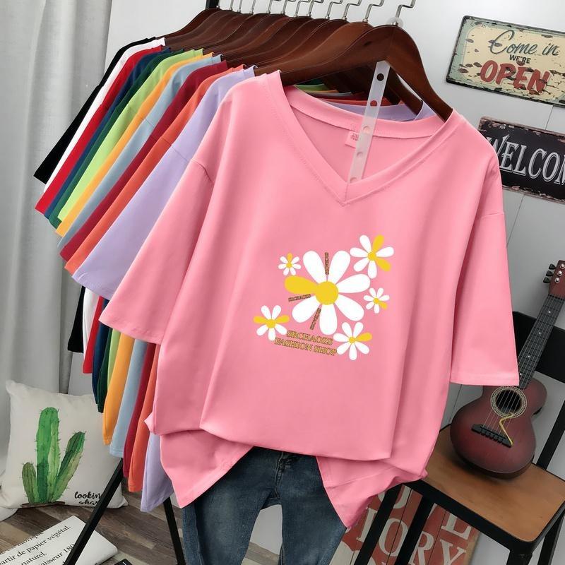 Short-sleeved T-shirt for Women, Large Size, Loose and Slimming, Printed V-neck Top