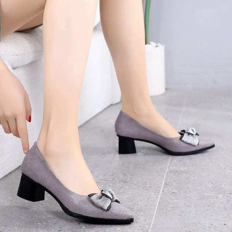Chunky Heels Office Shoes for Women Block Heel On Heeled Pointed Toe Woman Pumps High with Bow Quality Young Fashion Non Slip 39