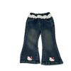 Girls' Cartoon Cat Embroidered Flared Denim Jeans with Lace Waist - Super Sweet Autumn Pants